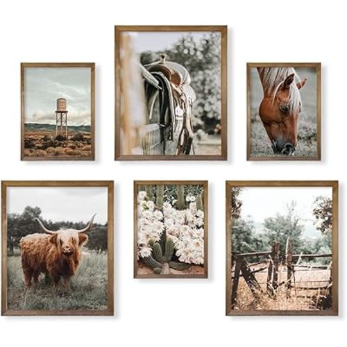 Rustic Farmhouse Bathroom Poster - Boho Western Decor - Highland Cow Pictures Wall Art - Old West Ranch Room Decor - Country Horse Cactus Print - Southwestern Farm House Animal - Gift Cowboy Cowgirl