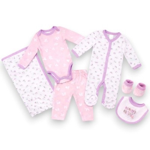 Paris Dreams Infant Girls' 6-Piece Layette Sleepwear-Coverall, Bodysuit, Pants, Blanket, Bib & Bootie Set, Lilac Calcite/Butterfly, 0/3 Months