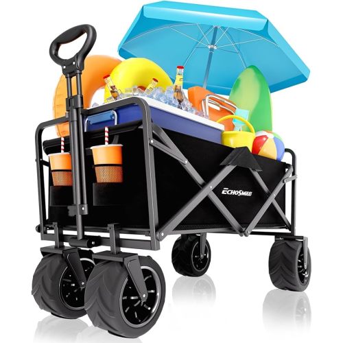 EchoSmile Heavy Duty 350 Lbs Capacity Collapsible Wagon, Outdoor Folding Camping Grocery Portable Utility Cart, Adjustable Rolling Carts, All Terrain Sports Wagon with Big Wheels (Black)