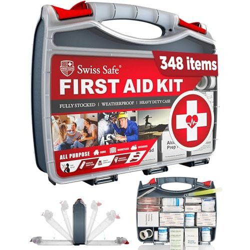 Swiss Safe 2-in-1 First Aid Kit for Car, Travel & Home, Businesses - Bonus Mini Kit for Medical Emergency Aid, Survival, Camping - FSA & HSA Eligible - 348 Pcs, Large Hardcase FAK