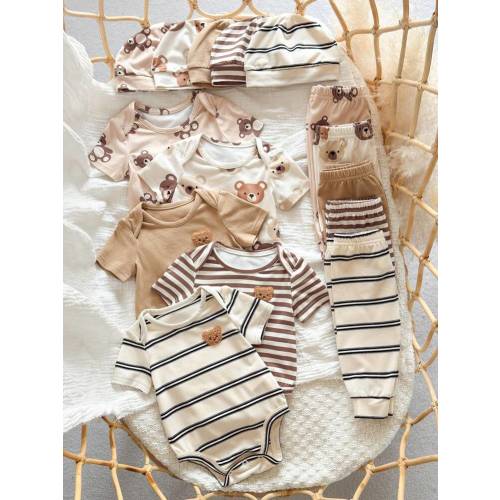 SHEIN 15pcs/Set Newborn Baby Casual Cute Knitted Striped Bear Print Short Sleeve Romper & Hat Outfit Set | SHEIN USA