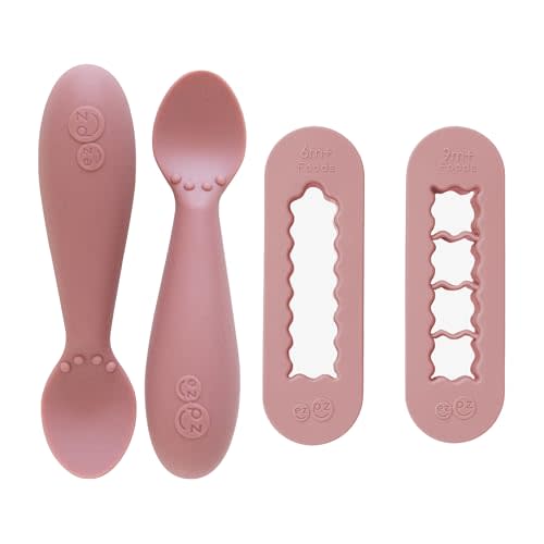 ezpz Baby Feeding Bundle – Tiny Spoon (2-Pack, Blush) + BLW Food Cutters (2-Pack, Blush) – 100% Silicone Baby-Led Weaning Essentials for 6+ Months