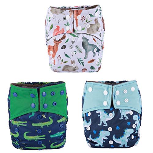 Sigzagor 3 AIll in One Cloth Diapers Nappies for Night AIO Sewn in Insert Reusable Washable (Dinosaur Pack)