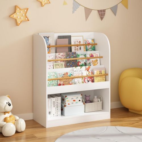Kids Bookshelf, Wooden Book Display Shelf with Open Storage, Toddler Children's Bookcase Organizer for Nursery, Playroom & Bedroom, White-ModernLuxe