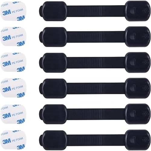 Child Safety Cabinet Locks (6 Pack) – Adjustable Baby Proofing Strap Latches with Strong 3M Adhesive – No Drill Childproof Locks for Drawers, Cabinets, Fridge, Door, Closet, Black