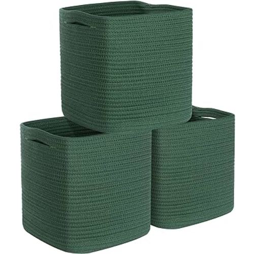 MINTWOOD Design 3-Pack 11x11 Inch Cube Storage Bin, Woven Storage Cube Organizer, Closet Organizer, Cute Square Storage Bins, Decorative Classroom Bathroom Pantry and Shelf Baskets, Green