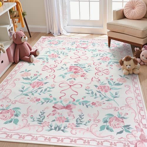 Collive Pink Floral Rugs for Bedroom Girls, 5x7 Bow Nursery Rug for Dorm Washable Area Rug for Living Room, Cute Ultra-Thin Non Slip Indoor Decor Carpet for Kids Room Playroom (Pink 5' x 7')