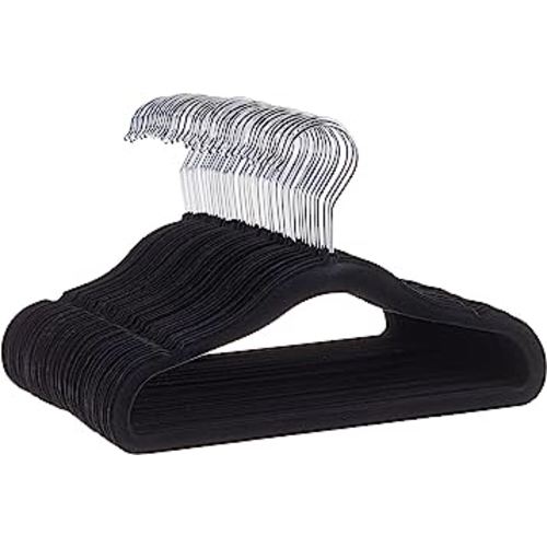 Amazon Basics Kids Velvet, Non-Slip Clothes Hangers for Infant and Toddler, 11.6 Inches (for baby clothes), Pack of 50, Black
