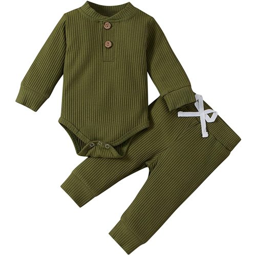 Winter Newborn Baby Boy Girl Clothes Set Ribbed Outfits Unisex Infant Solid Cotton Button Long Sleeve Tops Pants 2PCS