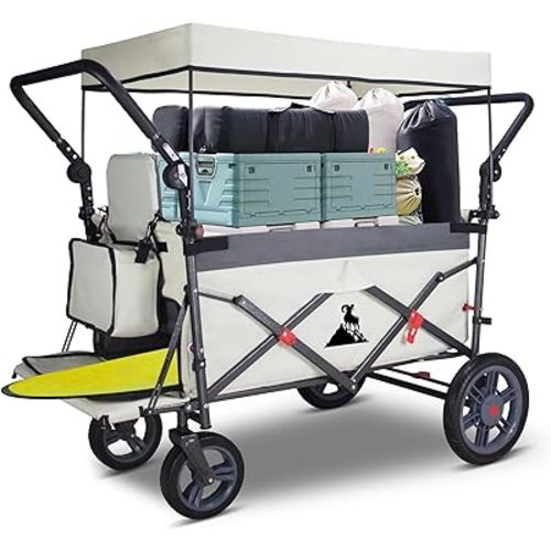 Foldable Wagon with Canopy - Collapsible Utility Cart with 2 Seats & Belts, Adjustable Handle, Expandable Front for Camping, Picnic, Shopping (Beige/Grey)