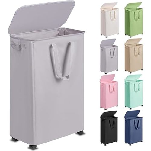 Slim Laundry Hamper with Lid and Wheels, Small Rolling Laundry Basket with Handle for Small Spaces, Tall Dirty Clothes Hampers for Dorm, Bathroom and Bedroom, 75L, Grey