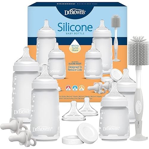 Dr. Brown's Silicone Baby Bottle Gift Set with HappyPaci One-Piece Pacifiers, Soft Touch Bottle Brush, and Travel Caps, BPA-Free, 0m+