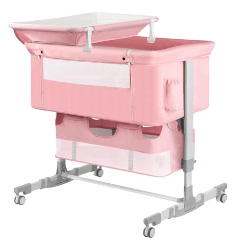 UNISWAN Baby Bassinet Bedside Sleeper with Diaper Changing Station + Mosquito Net + 16gallon Capacity Storage, Adjustable & Portable Bassinet Cosleeping Baby Bed (Pink)