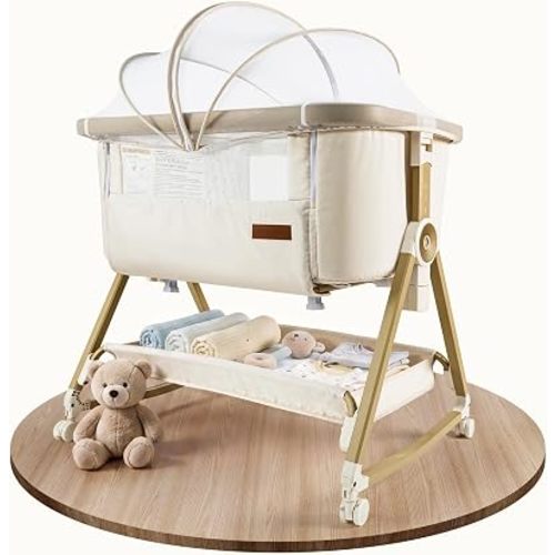 Maydolly Baby Bassinet Bedside Sleeper, Adjustable Rocking Bassinet, Beige