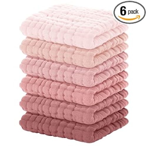 Yoofoss Muslin Baby Washcloths 100% Organic Cotton Face Towels 6 Pack Wash Cloths for Baby 12x12in Soft and Absorbent Baby Wipes (Gradient Pink)