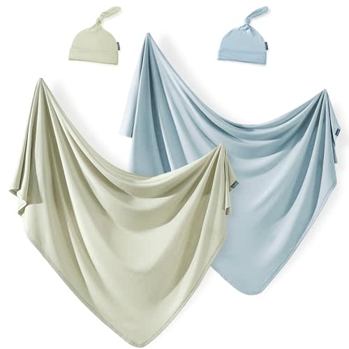 GRSSDER 2 Set Newborn Swaddle Blanket with Beanie(4 pcs), Ultra Soft Stretchy Jersey Knit Extra Large Size 33 x 44 Receiving Blankets for Easy Swaddling Baby Snug and Cozy