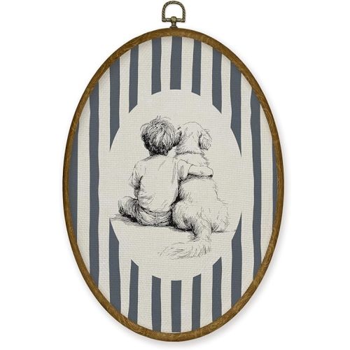 JMENGSSFL Vintage Golden Retriever Boy Nursery Oval Wall Art Decor, Kids Room Canvas Prints, Blue Striped Dog and Boy Framed Wall Art for Kids Toddler Boys Room Bedroom Playroom Decor, 8.6x11.4 Inch