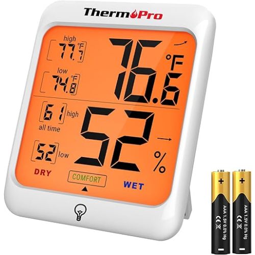ThermoPro TP53 Digital Hygrometer Indoor Thermometer for Home, Temperature Humidity Sensor with Comfort Indicator & Max Min Records, Backlight Display Room Thermometer Humidity Meter, LCD