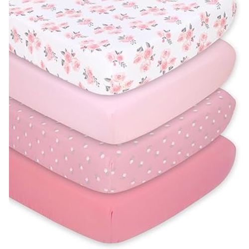 The Peanutshell 4-Pack Fitted Crib Sheet Set - Super Soft & Breathable Baby Girl Crib Sheets, Nursery Decor, Fit for Standard Mattress Cover- Pink Roses and Ditsy