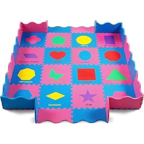 Floor Play Mat Puzzle with Fence Large Kids, Baby, Infant - 60 X 60 Inches Thick Foam Good for Crawling and Playing .5 inch Thick 16 Shapes Multi Color 52 Pieces