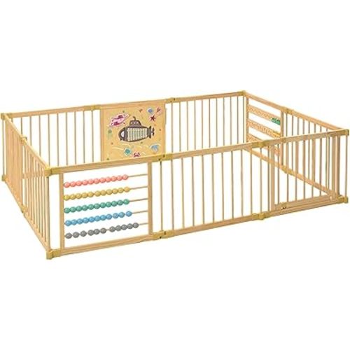 Wooden Playpen Extra Large for Toddlers and Babies - Under The Sea Theme Toy Design - (8/10) Wood Panels - Foldable and Adjustable Baby Play Yard- Extra Large Baby Playpen (10-Panels)