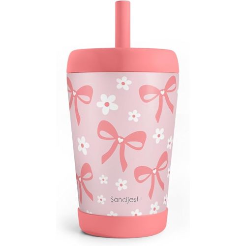 SANDJEST Kid Insulated Stainless Steel Tumbler with Silicone Straw, 12oz Sippy Cup for Kids (Pink Bows)