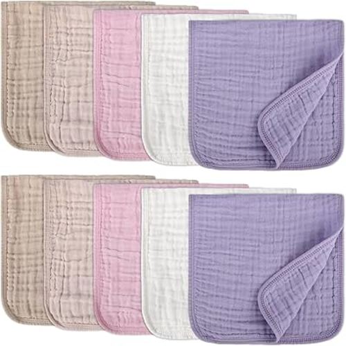 Arnzion 10 Pack Muslin Burp Cloths for Baby Girls 100% Cotton 20x10 Inch Popular Girl Colors Set Purple Pink Beige Brown White Soft Absorbent Newborn Infant Burping Cloths