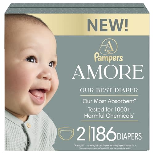 Pampers Amore, Size 2 (10-22 lbs), 186 Count, Our Best Diaper – Hypoallergenic & Fragrance Free, Up to 100% Leakproof, Soft as Cashmere