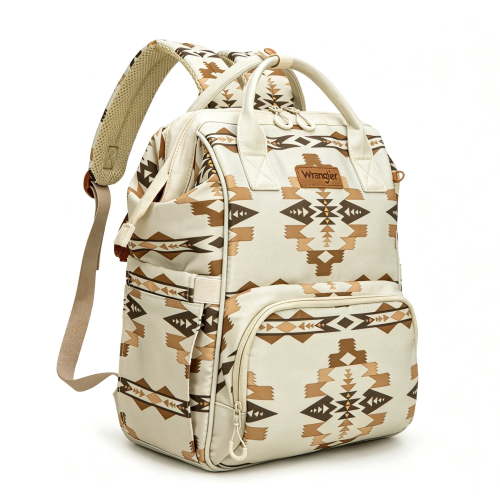 Wrangler Aztec Travel Backpack Baby Bag for Women with Stroller Strap and Side Bottle Pockets Organized Diaper Bag, Beige