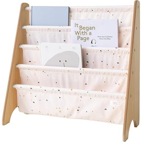 3 Sprouts Kids Bookshelf with Recycled Fabric - 4-Tier Sling Storage for Kids Rooms Holds 35 Titles - Toddler Organizer for Ages 3+ - Terrazzo Pink