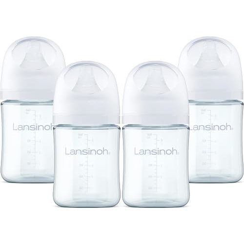 Lansinoh Glass Baby Bottles, Anti-Colic, White, 5oz, 4 Count, with Extra Slow Flow Nipples (Size XS, 0-1 Month), Baby Feeding Essentials