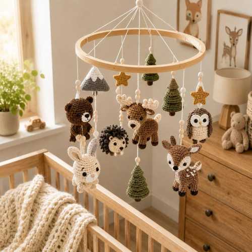 Woodland Animal Nursery Mobile, Crochet Mountain Forest Crib Decor, Neutral Deer Bear Baby Shower Gift, Personalized Moose Owl Baby Mobile