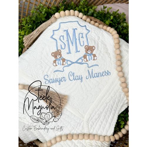Teddy Bear Baby Blanket Crib Nursery Decor Custom Heirloom Quilt Embroidered Baby Blanket Personalized Baby Shower Gift Baby Boy Blue Bow