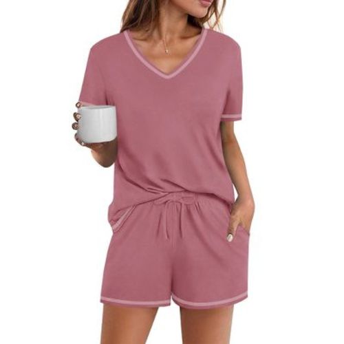 Ekouaer Womens Pajamas Sets Soft 100% Cotton Pjs Short Sleeve Lounge Sets Casual Two Piece Pjs With Pockets Light&nbsp;Rose Red&nbsp;S