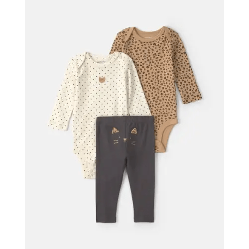Baby Girl 3-Piece Leopard Long-Sleeve Bodysuit & Pant Set - Brown/Cream/Black | Carter's