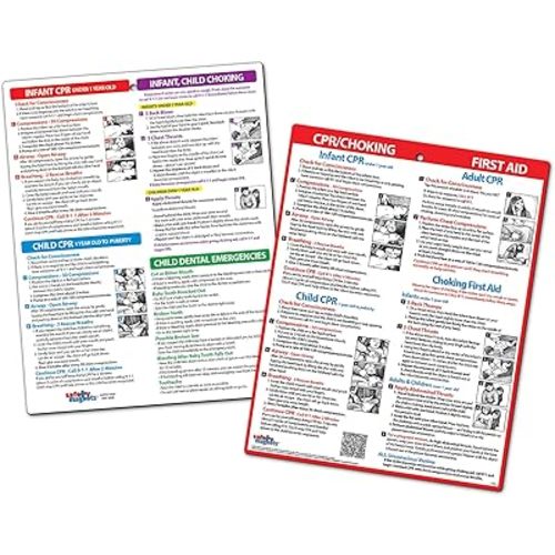 2-Pack Emergency First Aid Fridge Magnets — CPR, Choking, Poisoning, Burns, Dental Injuries, Infants, Children, Adults — Laminated Cards, 8.5” x 11” — by Safety Magnets