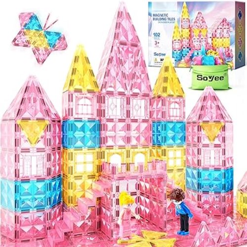 Magnetic Tiles 102pcs with 2 Stairs 2 Dolls Princess Castle Magnetic Building Blocks 3 4 5 6 7 8 9 10 Year Old Girl Birthday Gifts Toys for Girls 3-5 4-6 7-8 8-10 10-12
