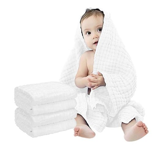 FOOK FISH Muslin Baby Towel Muslin Cotton 2-Pack 6-Layer Large Size 40" x 40" Cotton Baby Bath Towels Triple Absorbency and Quick-Drying (White)