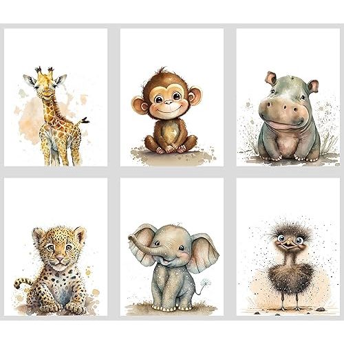 calmart Safari Animals Wall Art - Set of 6 Unframed Wall Prints - Baby Nursery Decor for Boys Girls