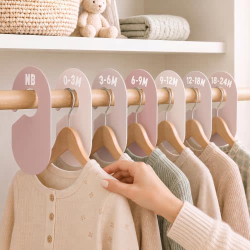 Giftacity 7Pcs Pink Baby Clothes Size Dividers for Nursery Closet Organizer | Blush Pink Style for Girls, Double-Sided, from Newborn to 24 Months, Durable, Infant Nursery Decor, Gift for Mom