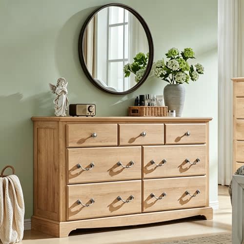 T4TREAM 7 Drawers Dresser Chests for Bedroom, Wood Vintage Chests of Drawers, Rustic Dressers Chset Organizer for Bedroom, Living Room, Hallway, Natural Oak