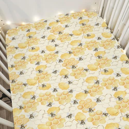 Honeycomb Bees Baby Crib Sheets for Boy Girl 52x28Inch Yellow Bee Honey Soft Stretchy Fitted Crib Mattress Covers Spring Summer Nursery Baby Sheets for Standard Crib and Toddler Bed Mattresses