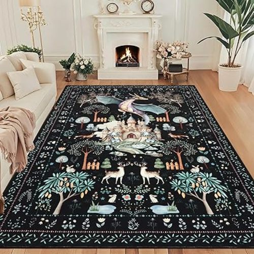 nesrt Washable Area Rugs for Living Room Bedroom 6x9ft, Black Dragon Animal Print Dining Room Rugs, Soft Large Botanical Forest Kids Nursey Playroom Floor Carpets for Farmhouse Study Home Office Decor