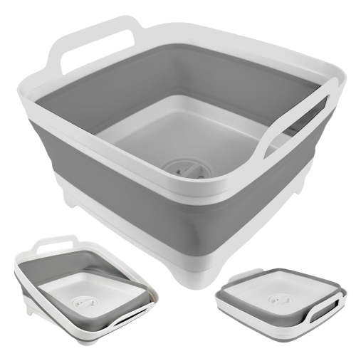 A Collapsible Wash Basin for Baby Bottles with Drain Plug, 2.4 Gallons Space-Saving Camping Sink for RV, Collapsible Dish Tub (Gray)