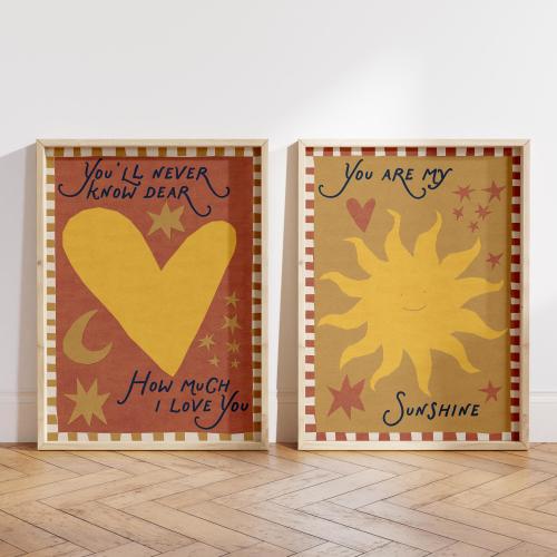 Kids Room Wall Art Set of 2: You Are My Sunshine' Prints Bundle, Sentimental Nursery Wall Art, Whimsical Sun Heart (Digital Download)