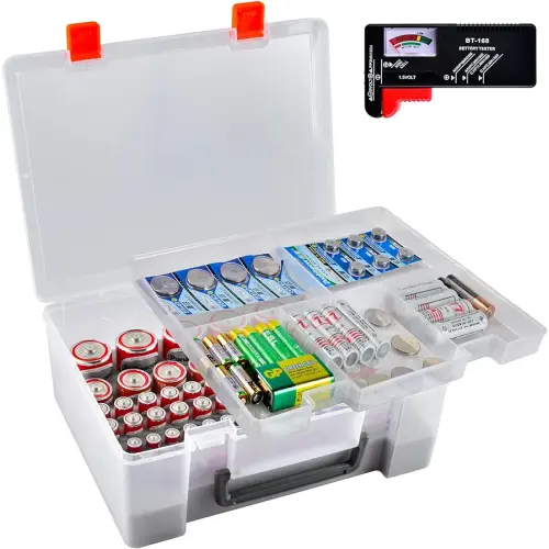 Battery Storage Organizer Holder with Battery Tester Checker, 120+ Storage Containers Box Case Fits for AA AAA 9V C D Lithium 3V LR44 CR2016 CR1632 CR2032 CR2025 (Batteries Not Includes) -Transparent
