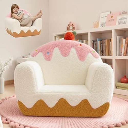 OUOZZZ Toddler Chair for Ages 1–6, Soft Sherpa Kids Sofa with Book Pocket & Carry Handle, Cozy Single-Seat Couch for Playroom or Bedroom, Birthday Gift for Girls (Ice Cream)