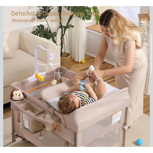 5 in 1 Pack and Play, Portable Travel Baby Bassinet, Foldable Travel Playard Playpen for Toddler, Bedside Crib Sleeper, Diaper Changer Table, Baby Playard for Newborn (Champagne)