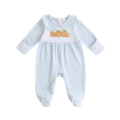 woshilaocai Baby Fall Outfit Boy Girl Plaid Embroidered Collar Romper Footie Infant Halloween Clothes
