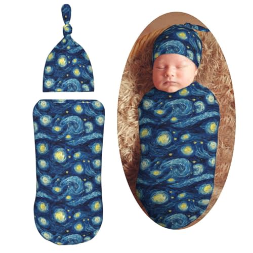 Muishi Starry Sky Starry Night Newborn Swaddle Blankets Hat Sets Soft Baby Receiving Blanket Swaddle Sack for Baby Shower Infant Boy Girl Gift